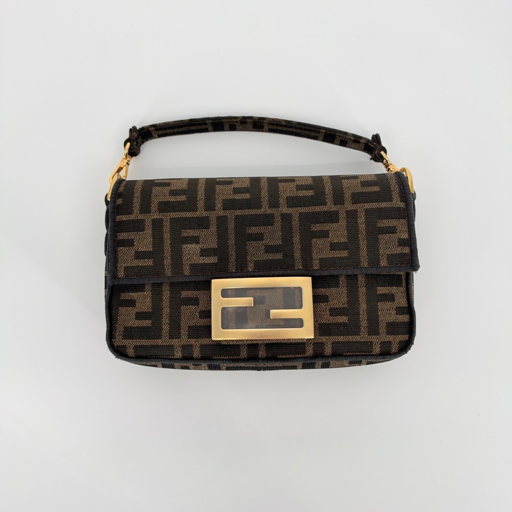 Fendi Mini Baguette Brown Zucca Canvas FF Monogram Chain Shoulder Crossbody